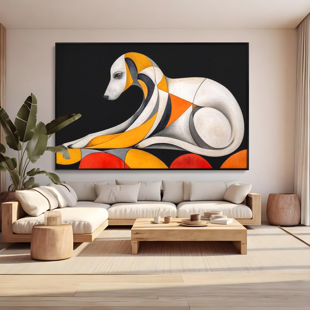 Tablou canvas cu tablou canvas cu caine stilizat in forme geometrice, in rama de aluminiu negru, pe perete intr-un living